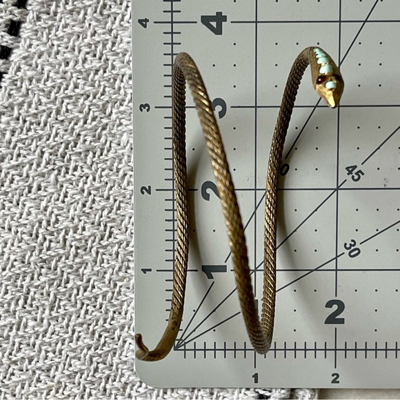 Vintage Coiled Gilt Egyptian Revival Silver Snake Bangle Turquoise Garnet Eyes - Picture 16 of 17